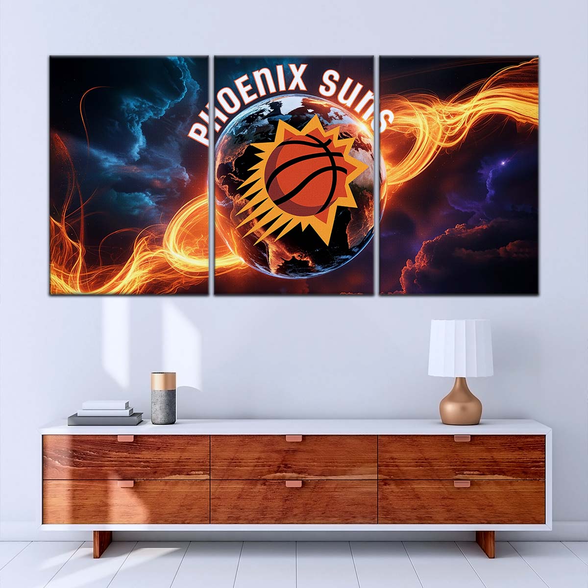 Basketball Canvas Wall Art - BK5054 - Phoenix Suns - Fiery Basketball Globe Spotlight