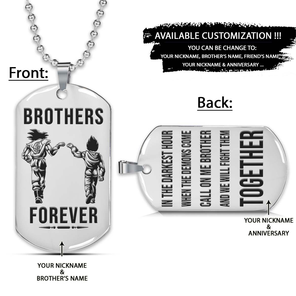 Dragon Ball Dog Tag - Brothers Forever - Call On Me Brother - Goku - Vegeta - Dragon Ball Necklace - Engrave Dog Tag