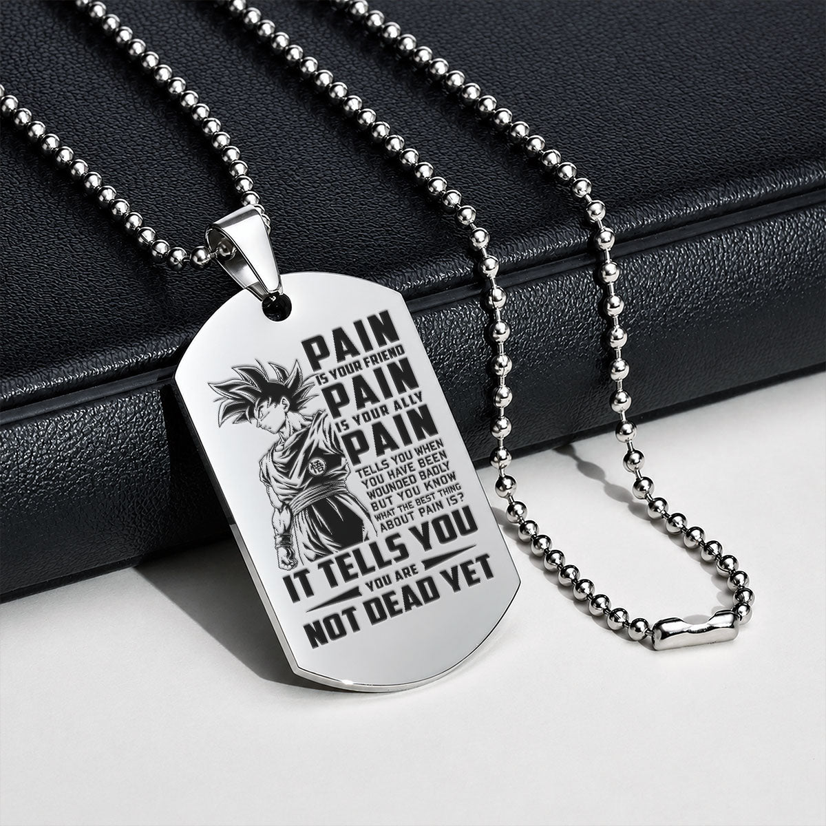 Dragon Ball Engraved Dog Tag Necklace - DRD064 - Goku - Pain Is Your Friend - Military Ball Chain - 316L Stainless Steel
