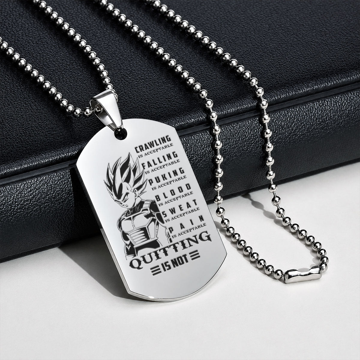 Dragon Ball Engraved Dog Tag Necklace - DRD067 - Vegeta - Quitting Is Not - Military Ball Chain - 316L Stainless Steel