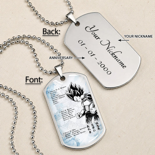Dragon Ball Dog Tag Necklace - DRDL043 - Vegeta - 7 Virtues of a Warrior - 5 Keys to Health - Military Ball Chain
