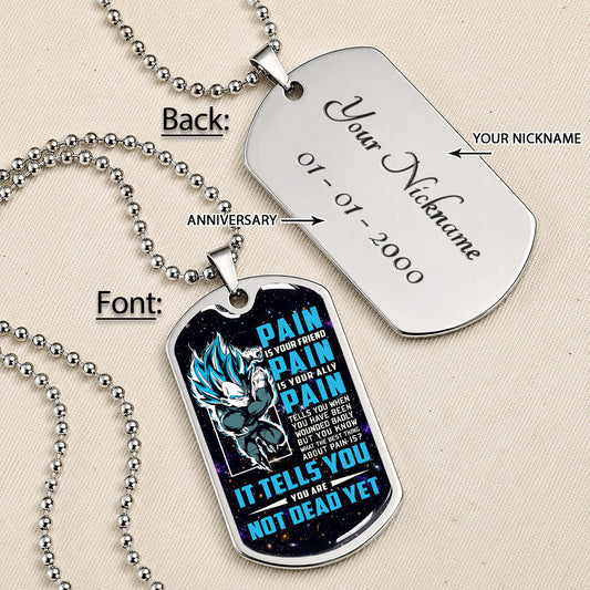 Dragon Ball Dog Tag Necklace - DRDL057 - Super Saiyan Blue Vegeta - Pain Is Your Friend - Military Ball Chain