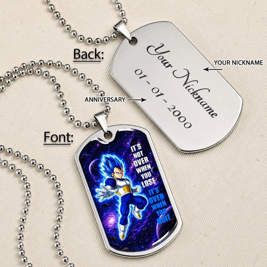 Dragon Ball Dog Tag Necklace - DRDL083 - Super Saiyan Blue Vegeta - It's Not Over When You Lose - Military Ball Chain