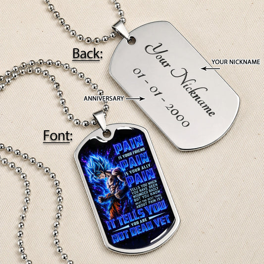 Dragon Ball Dog Tag Necklace - DRDL100 - Super Saiyan Blue Goku - Pain Is Your Friend - Military Ball Chain