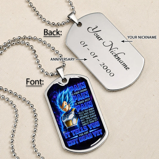 Dragon Ball Dog Tag Necklace - DRDL102 - Super Saiyan Blue Vegeta - Pain Is Your Friend - Military Ball Chain