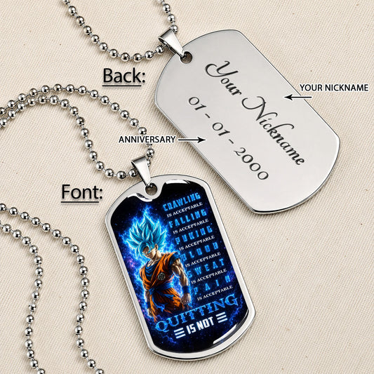 Dragon Ball Dog Tag Necklace - DRDL103 - Super Saiyan Blue Goku - Quitting Is Not - Military Ball Chain