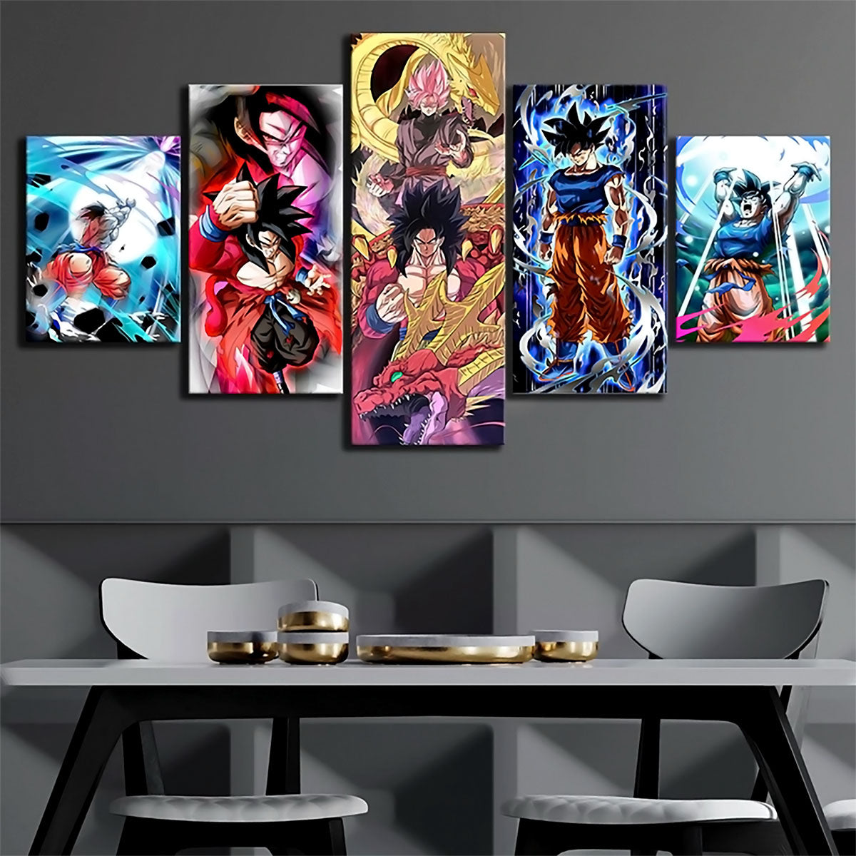 Dragon Ball Z Goku Genki Dama Canvas Wall Art - 5 Piece Split Panel Anime Poster - Framed Ready to Hang Living Room Man Cave Decor - DR5180
