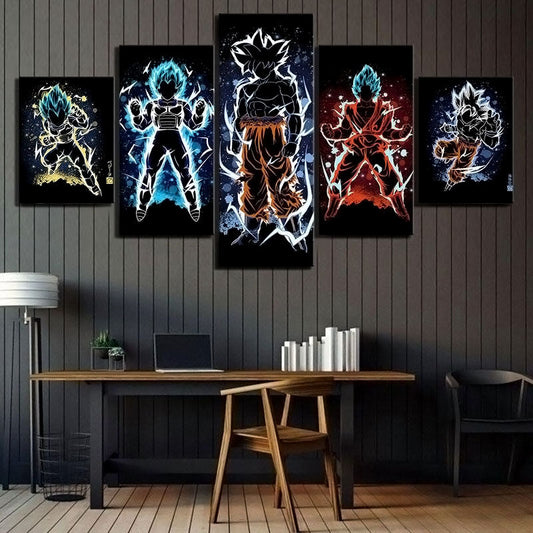 Dragon Ball Super Goku Vegeta Canvas Wall Art - 5 Piece Split Panel DBZ Anime Poster - Framed Ready to Hang Living Room Man Cave Decor - DR5152