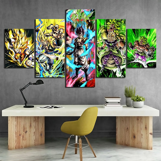 Dragon Ball Z Vegito & Broly Unleashed Canvas Wall Art - 5 Piece Split Panel Anime Poster - Framed Ready to Hang Living Room Man Cave Decor - DR5167