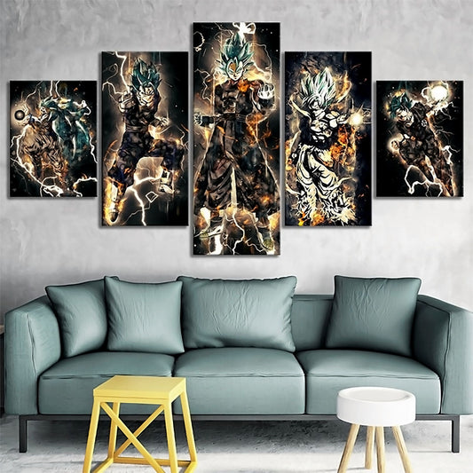 Dragon Ball Super Saiyan Blue Vegito Canvas Wall Art - 5 Piece Split Panel DBZ Anime Poster - Framed Ready to Hang Living Room Man Cave Decor - DR5168