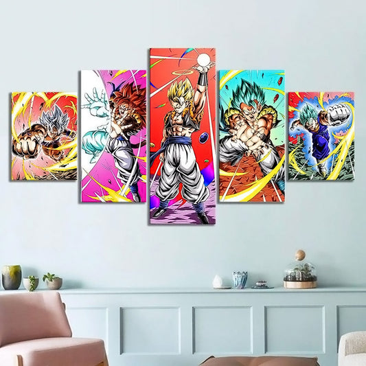 Dragon Ball Super Vegito and Gogeta Canvas Wall Art - 5 Piece Split Panel DBZ Anime Poster - Framed Ready to Hang Living Room Man Cave Decor - DR5154