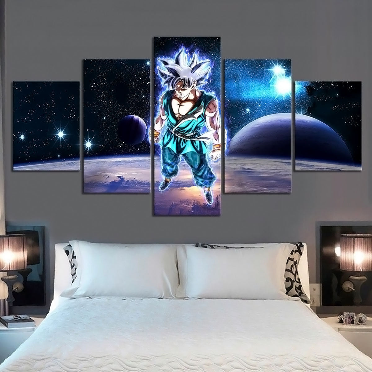 Dragon Ball Super Ultra Instinct Goku Canvas Wall Art - 5 Piece Split Panel DBZ Anime Poster - Ready to Hang Living Room Man Cave Decor - DR5184