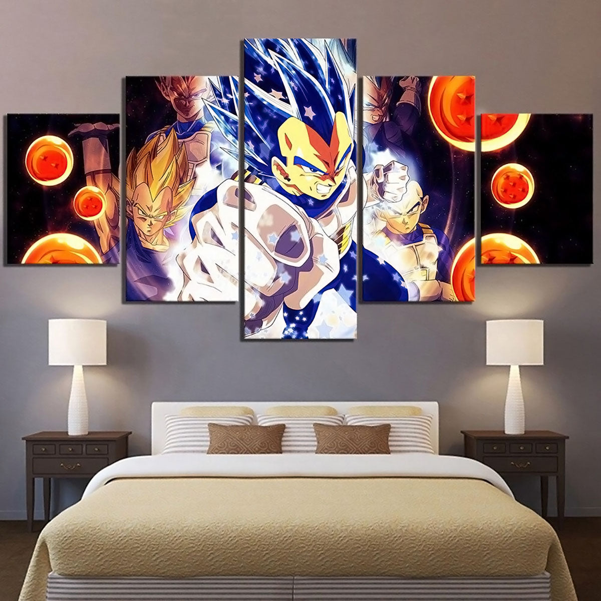 Dragon Ball Super Saiyan Blue Vegeta Canvas Wall Art - 5 Piece Split Panel DBZ Anime Poster - Framed Ready to Hang Living Room Man Cave Decor - DR5142