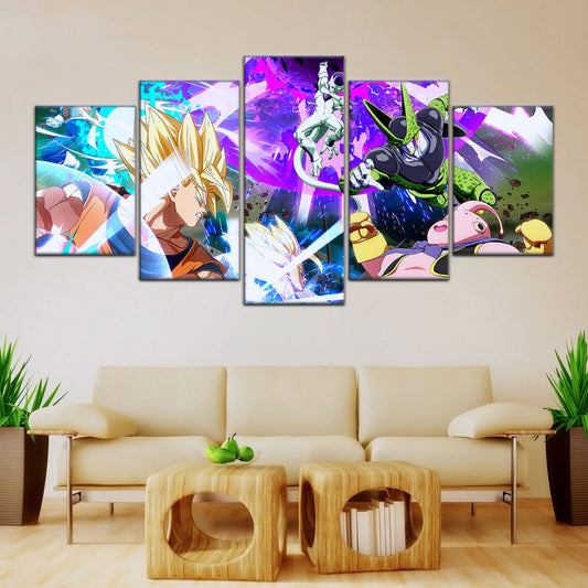 Dragon Ball Z Goku Vegeta vs Frieza Cell Majin Buu Canvas Wall Art - 5 Piece Split Panel Anime Poster - Ready to Hang Living Room Man Cave Decor - DR5059