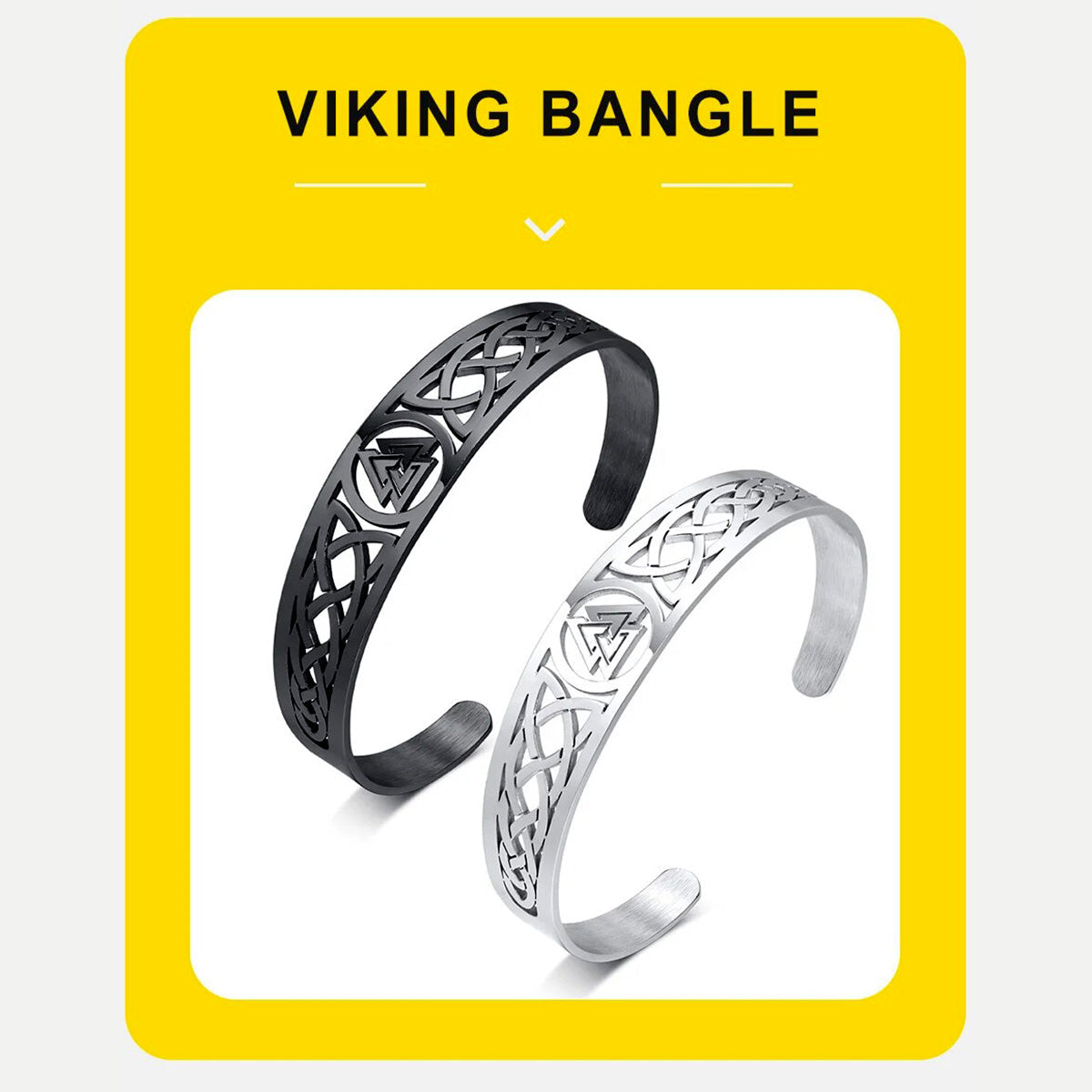 Viking - Nordic Viking Knot Bracelets for Men, Black Silver Color Hollow Stainless Steel Cuff Bangle, Amulet Protection Wristband