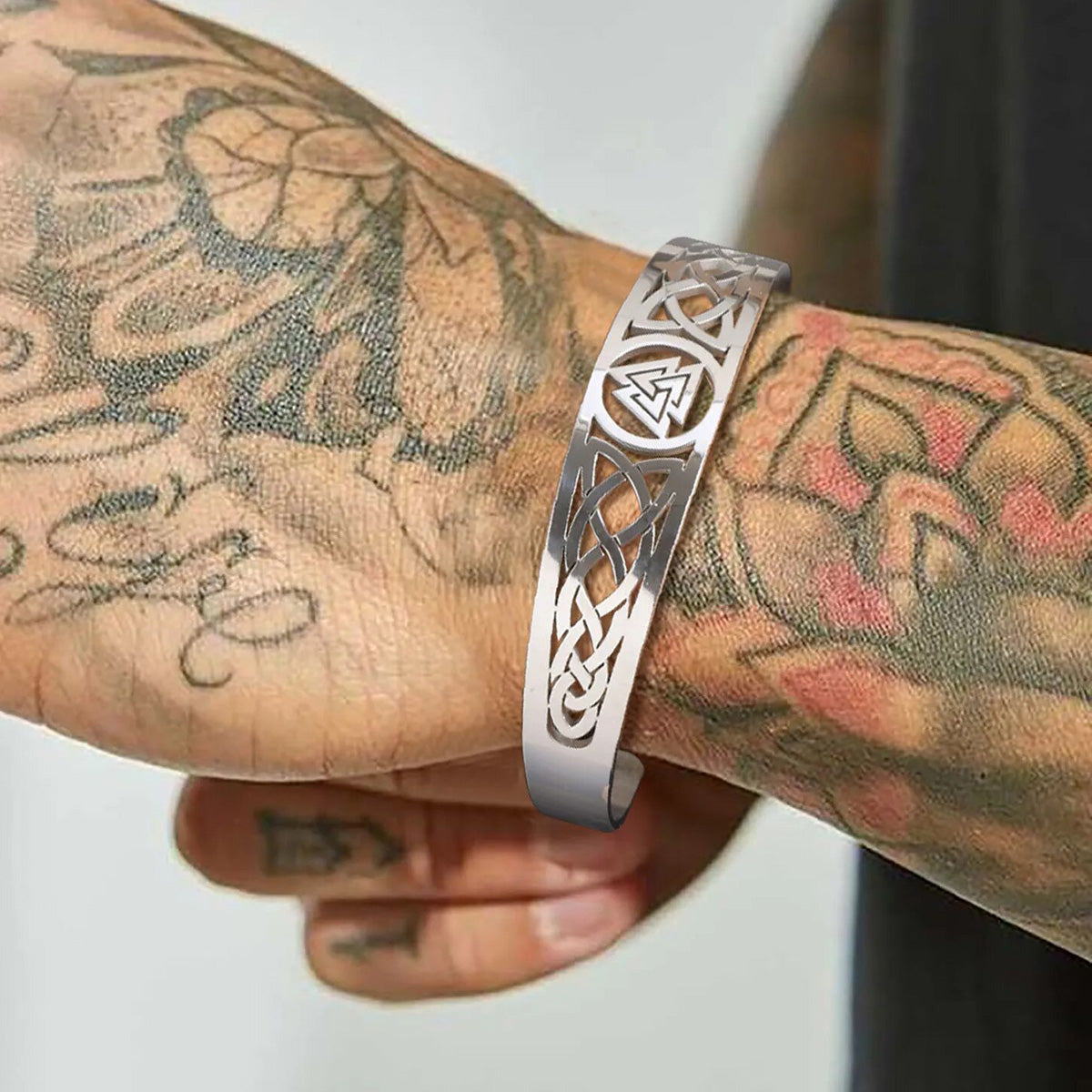 Viking - Nordic Viking Knot Bracelets for Men, Black Silver Color Hollow Stainless Steel Cuff Bangle, Amulet Protection Wristband