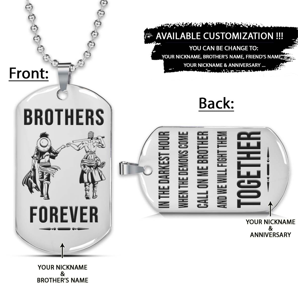 One Piece Dog Tag - Brothers Forever - Call On Me Brother - Monkey D. Luffy - Roronoa Zoro - One Piece Necklace - Engrave Dog Tag