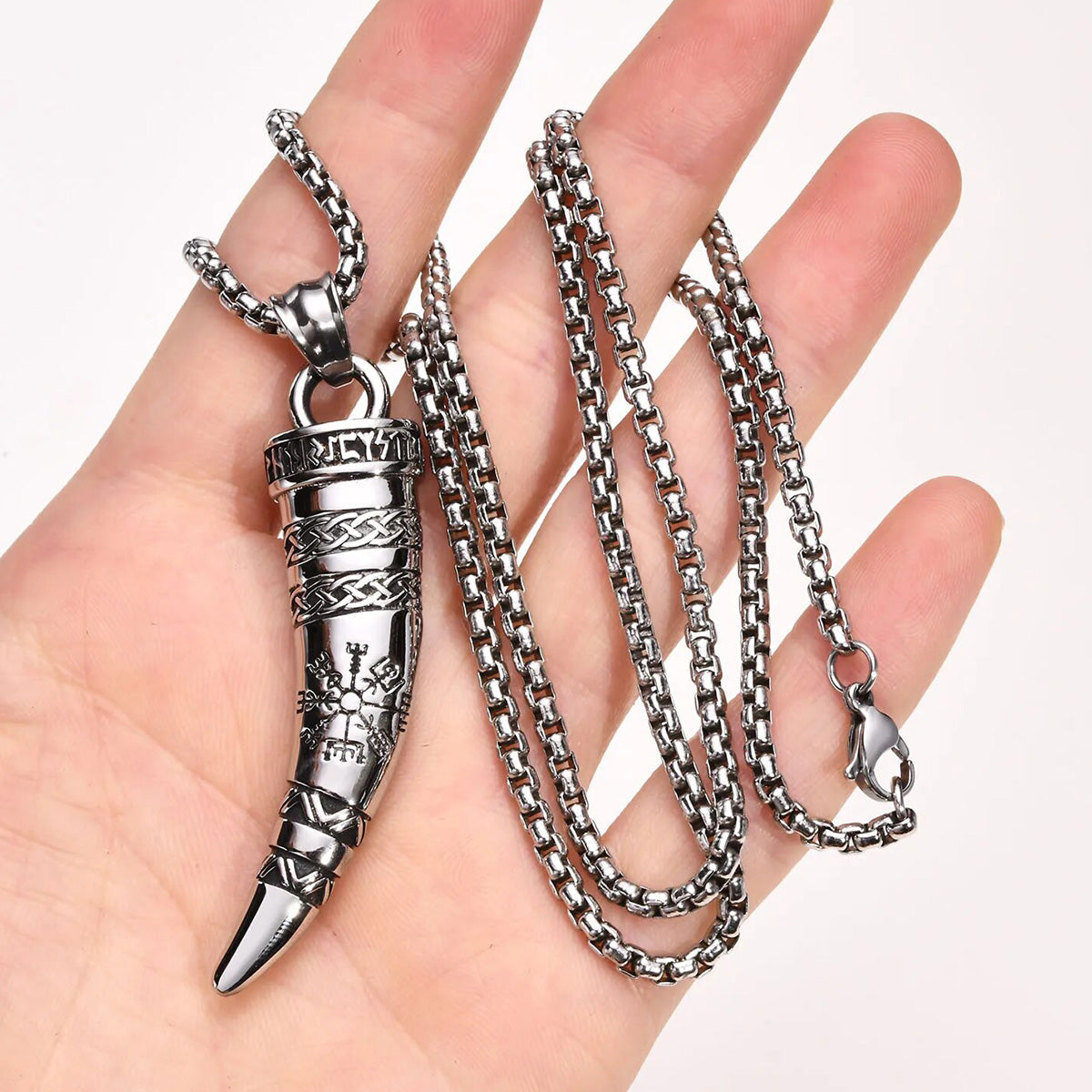 Viking - Rock Punk Viking Horn Necklaces for Men, Stainless Steel Norse Celtic Knots Compass Pendant Collar, Amulet Gift Jewelry