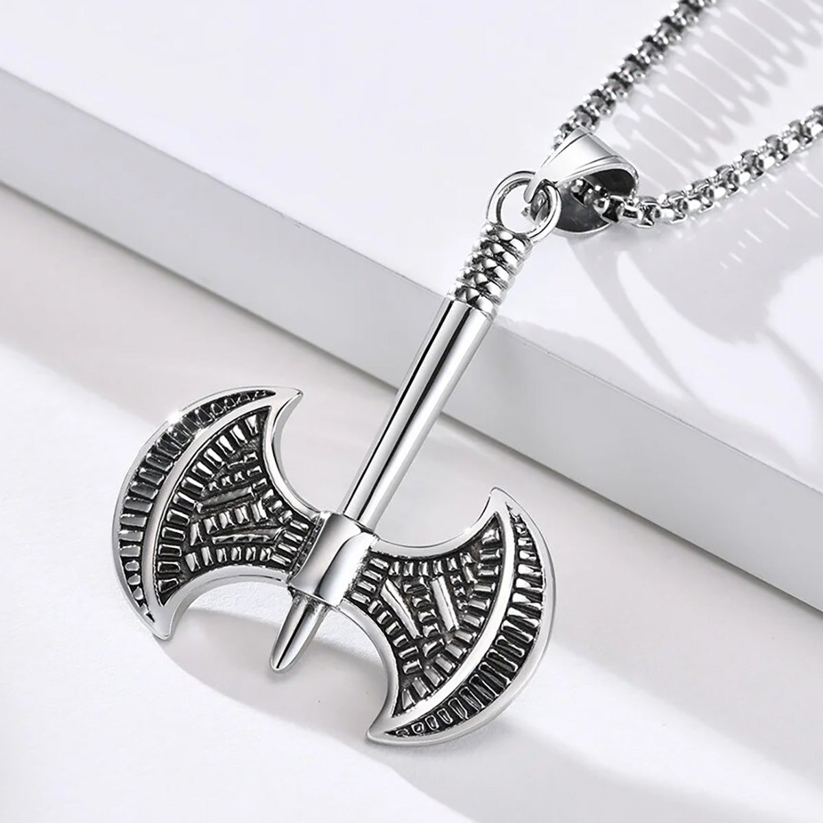 Viking - Gothic Viking Men Axe Necklace, Retro Nordic Almut Stainless Steel Pendant, Chunky Punk Boy Neck Collar