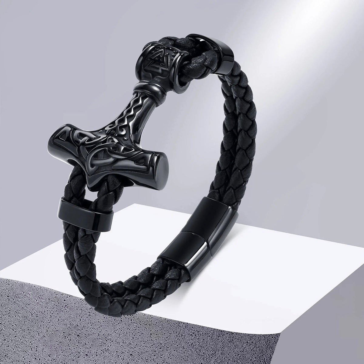 Viking - Chunky Thor's Hammer Bracelets for Men, Heavy Punk Rock Norse Viking Knot Bangle, Black Genuine Leather Wristband