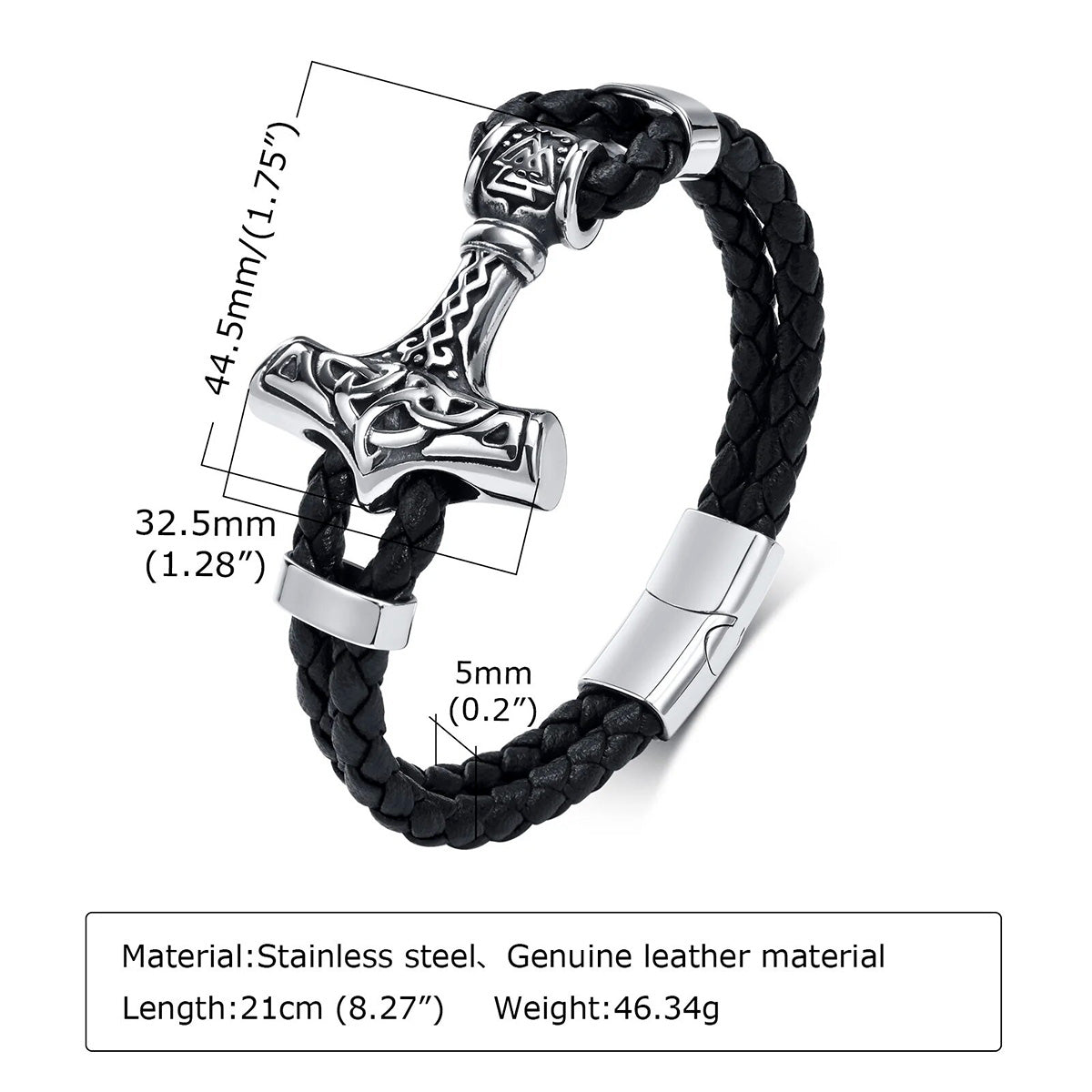 Viking - Chunky Thor's Hammer Bracelets for Men, Heavy Punk Rock Norse Viking Knot Bangle, Black Genuine Leather Wristband
