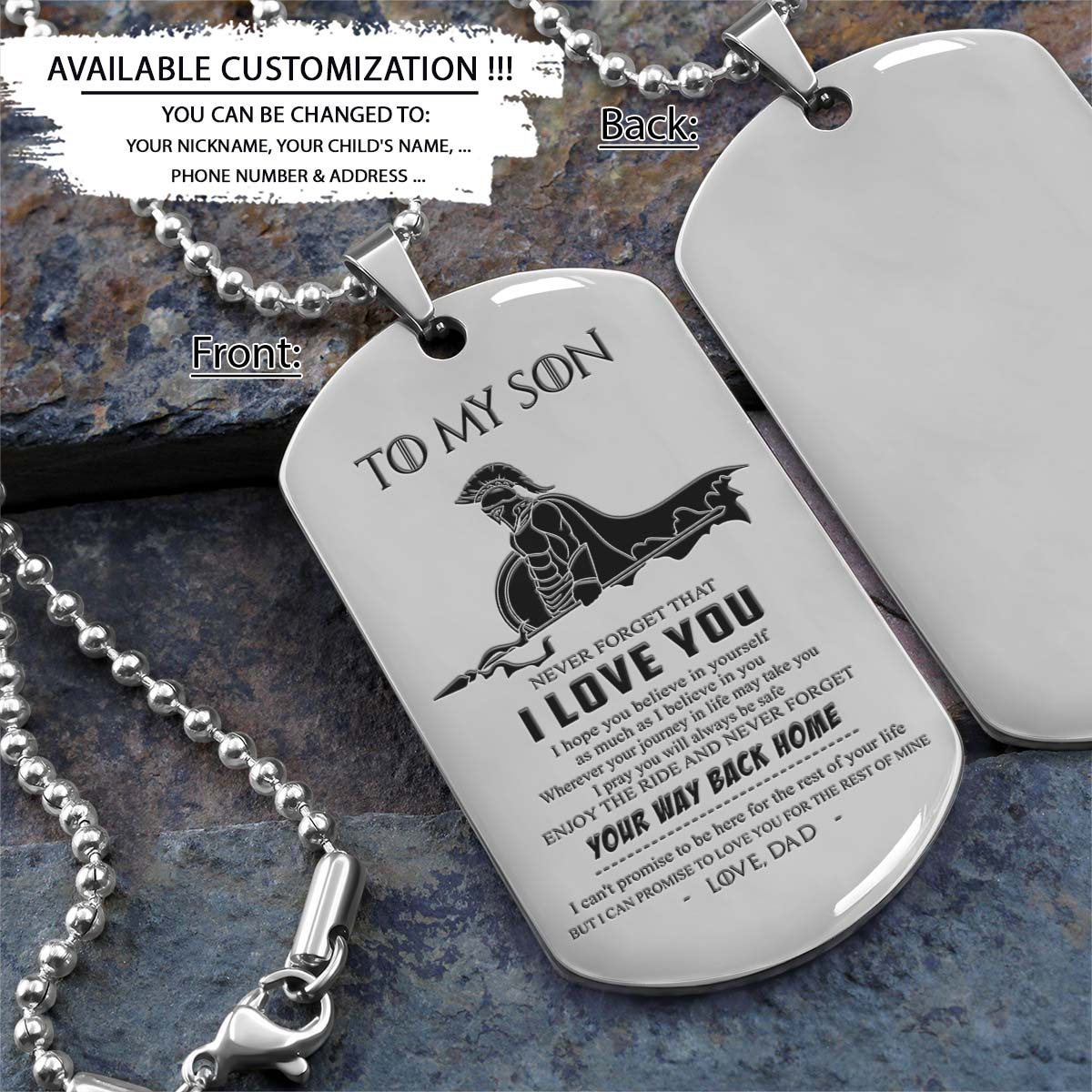 Spartan Dog Tag - Dad To Son - Your Way Back Home - Spartan Warrior - Sparta - Leonidas - Gladiator - Spartan Necklace - Engrave Dog Tag