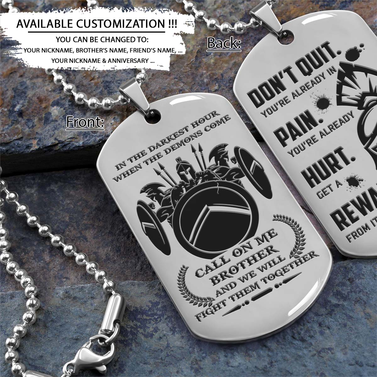 Spartan Dog Tag - Call On Me Brother - Don't Quit - Spartan Warrior - Sparta - Leonidas - Gladiator - Spartan Necklace - Engrave Dog Tag