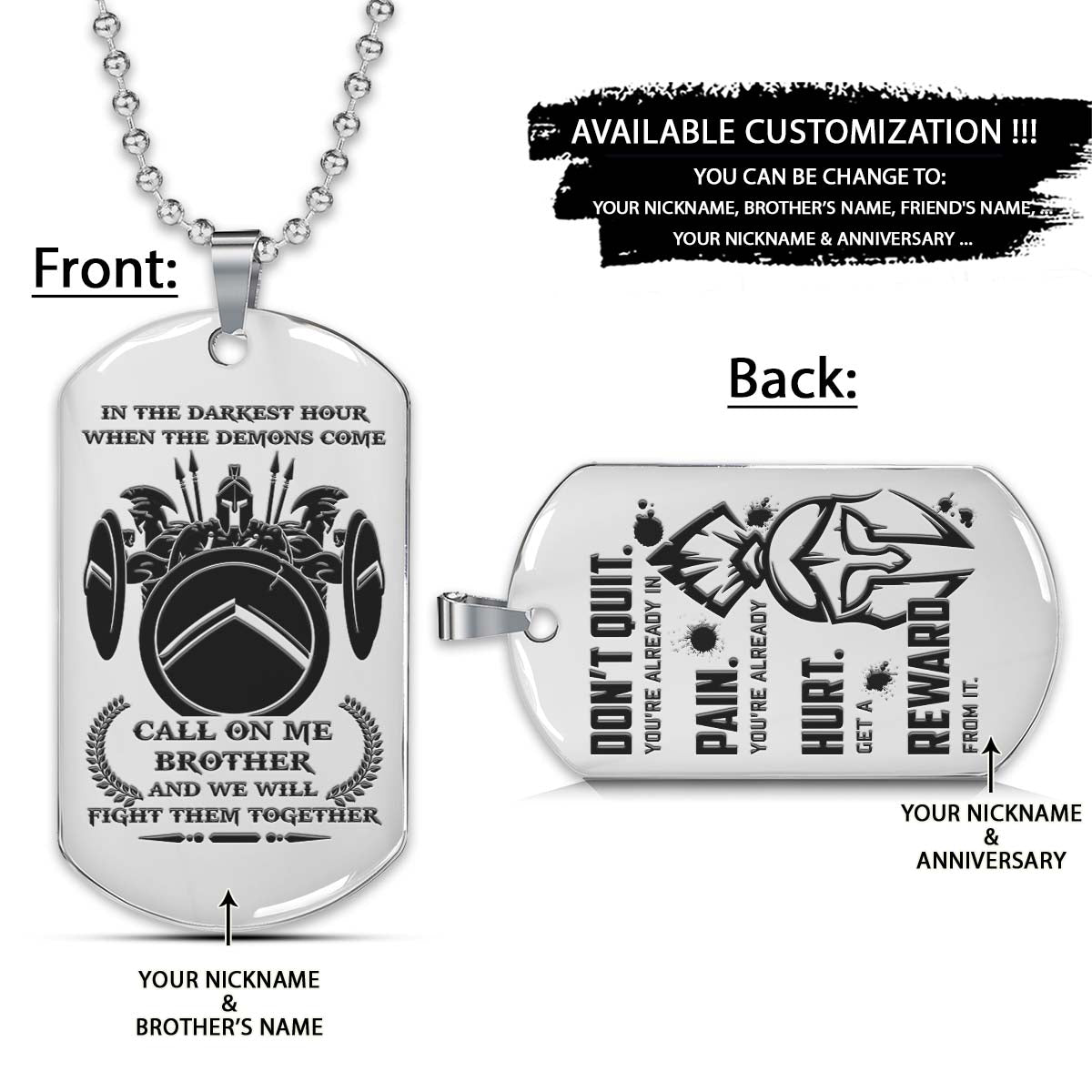 Spartan Dog Tag - Call On Me Brother - Don't Quit - Spartan Warrior - Sparta - Leonidas - Gladiator - Spartan Necklace - Engrave Dog Tag