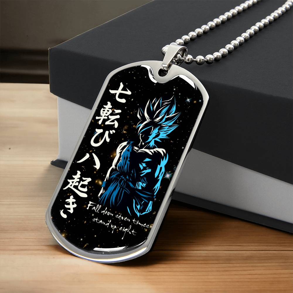 Dragon Ball - Fall Down Seven Times Stand Up Eight - Goku - Supper Saiyan Blue - Galaxy - Black Dog Tag - Dragon Ball Dog Tag - Military Ball Chain - Luxury Dog Tag