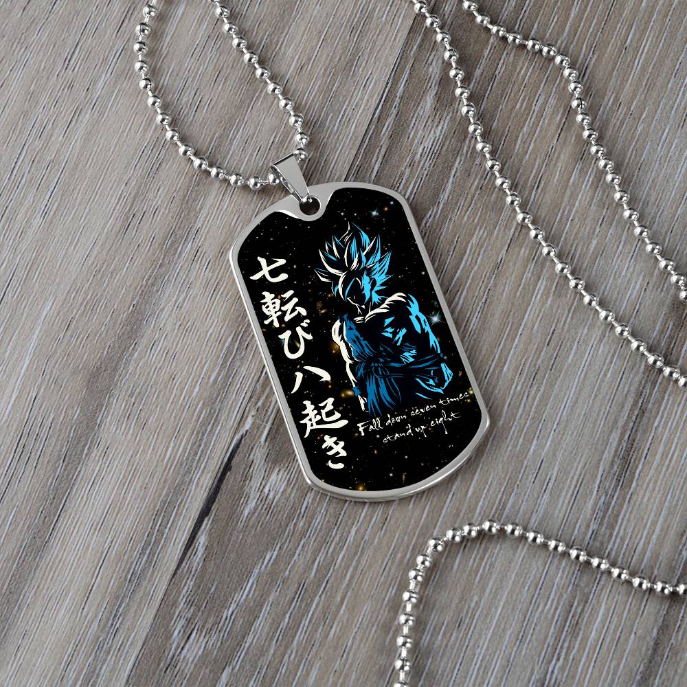 Dragon Ball - Fall Down Seven Times Stand Up Eight - Goku - Supper Saiyan Blue - Galaxy - Black Dog Tag - Dragon Ball Dog Tag - Military Ball Chain - Luxury Dog Tag