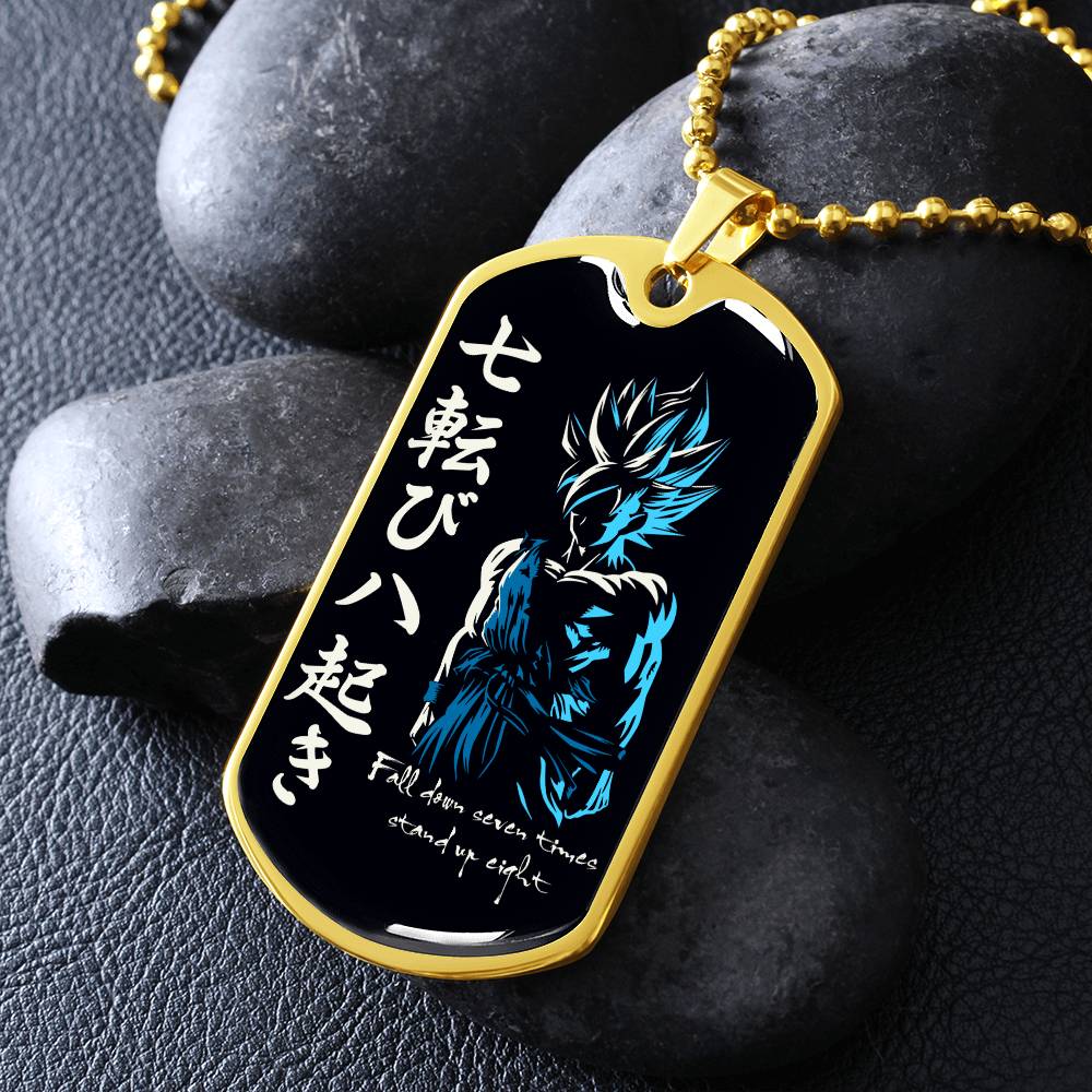 Dragon Ball - Fall Down Seven Times Stand Up Eight - Goku - Supper Saiyan Blue - Black Dog Tag - Dragon Ball Dog Tag - Military Ball Chain - Luxury Dog Tag