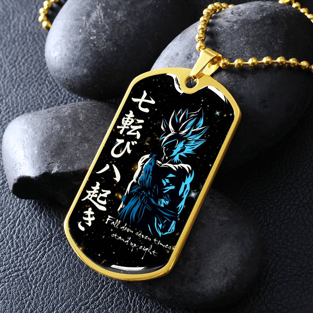 Dragon Ball - Fall Down Seven Times Stand Up Eight - Goku - Supper Saiyan Blue - Galaxy - Black Dog Tag - Dragon Ball Dog Tag - Military Ball Chain - Luxury Dog Tag
