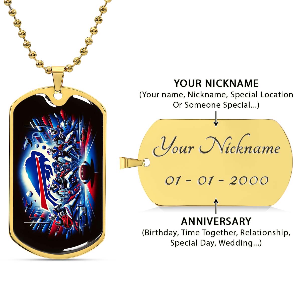 American Football Dog Tag Necklace - AFD003 - Buffalo Bills - Super Bowl Spirit - NFL Teams - Military Ball Chain