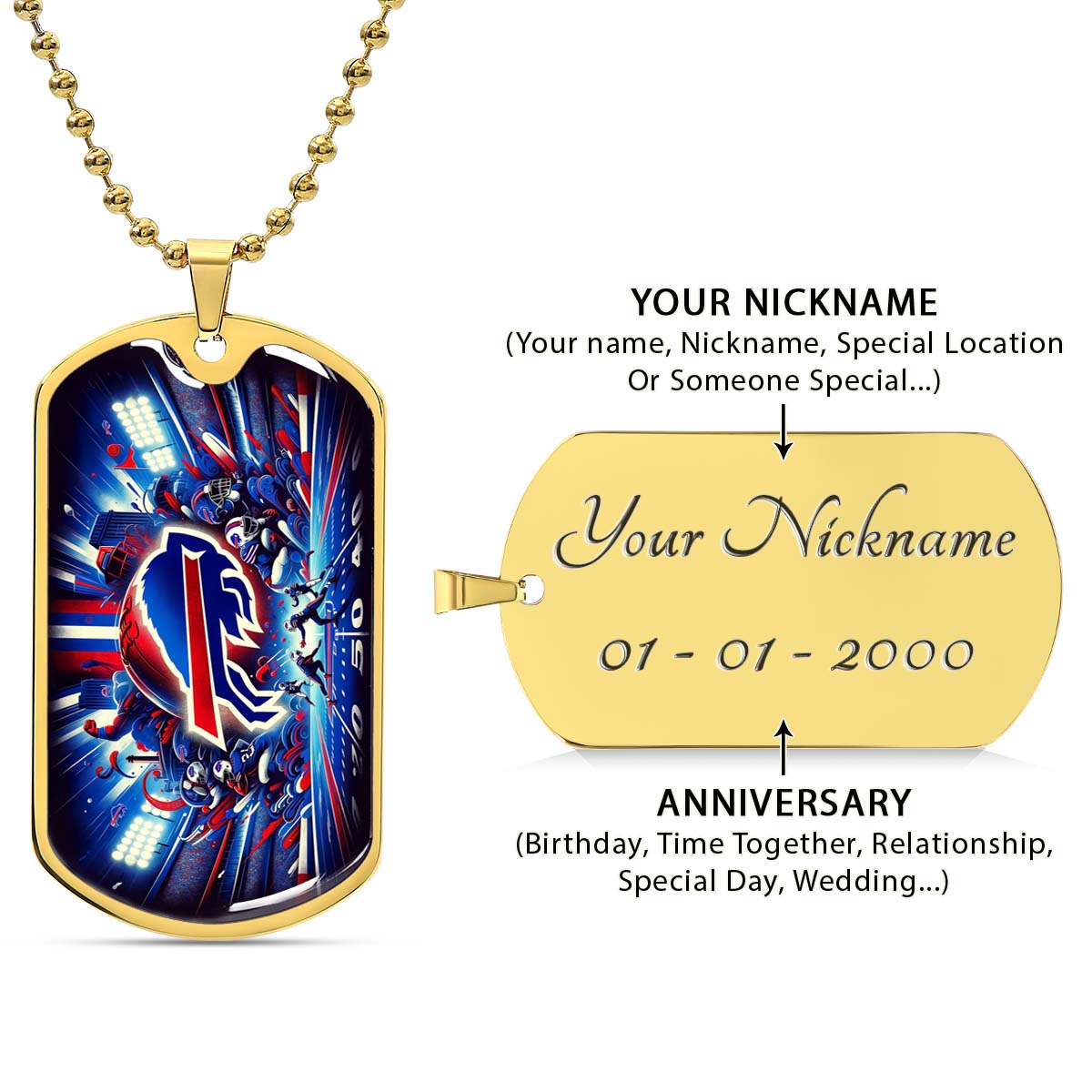 American Football Dog Tag Necklace - AFD004 - Buffalo Bills - Super Bowl Spirit - NFL Teams - Military Ball Chain