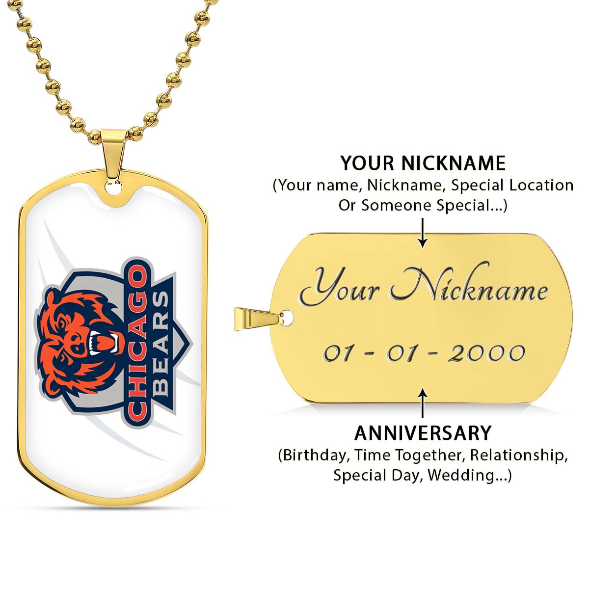 American Football Dog Tag Necklace - AFD005 - Chicago Bears - NFL Teams - Military Ball Chain
