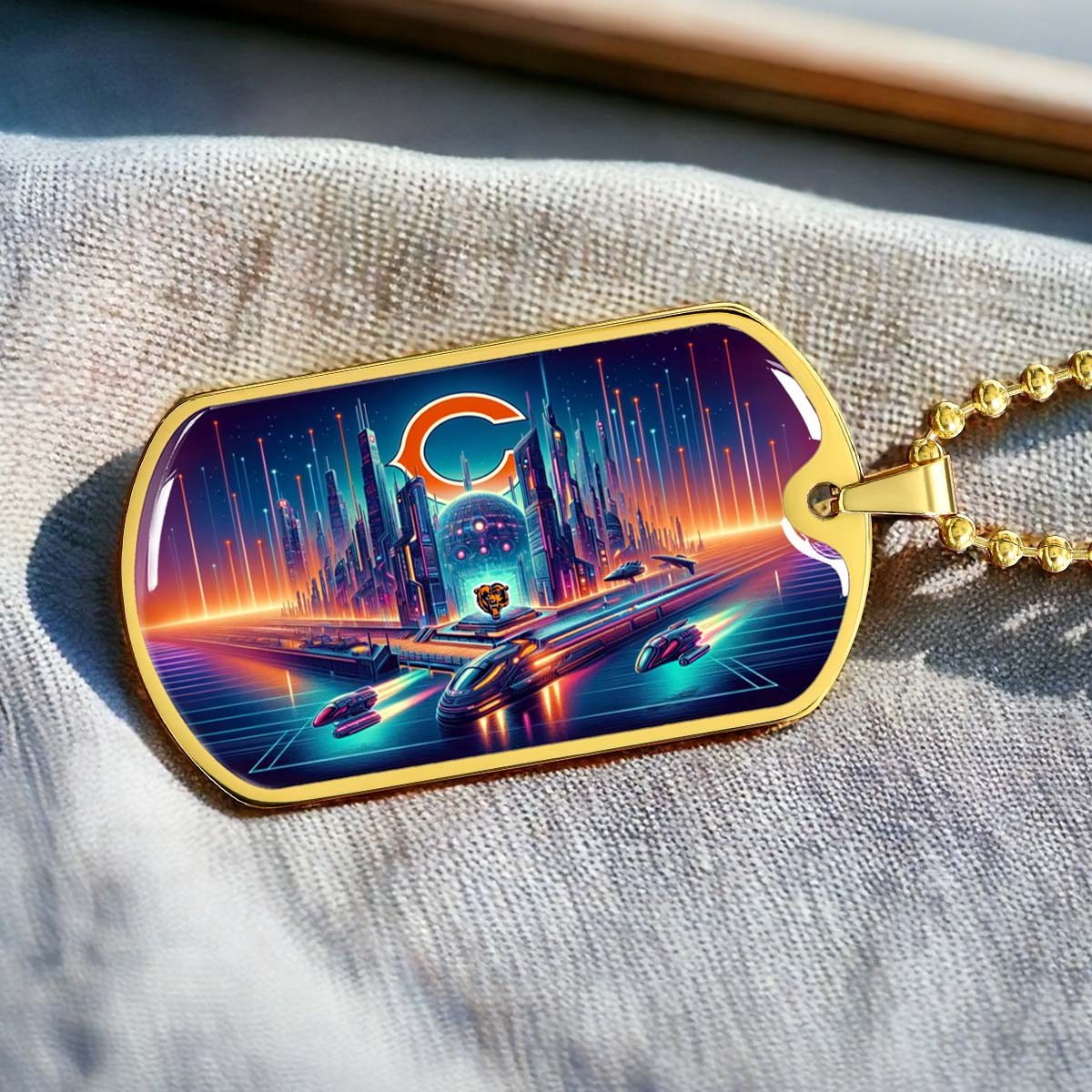 American Football Dog Tag Necklace - AFD006 - Chicago Bears Futuristic City - NFL Teams - Military Ball Chain