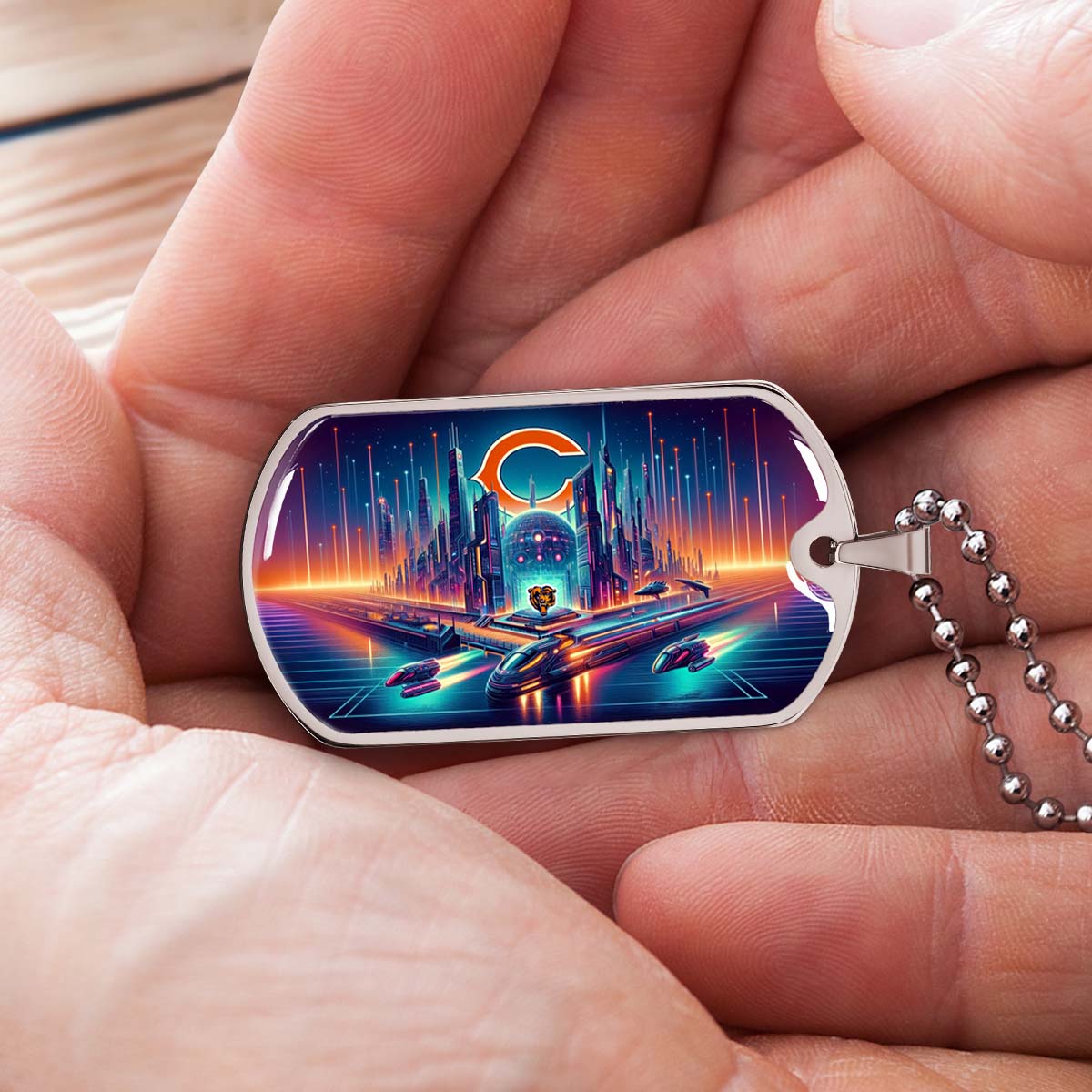 American Football Dog Tag Necklace - AFD006 - Chicago Bears Futuristic City - NFL Teams - Military Ball Chain
