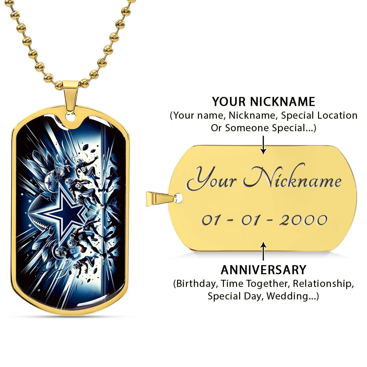 American Football Dog Tag Necklace - AFD008 - Dallas Cowboys - NFL Teams - Military Ball Chain