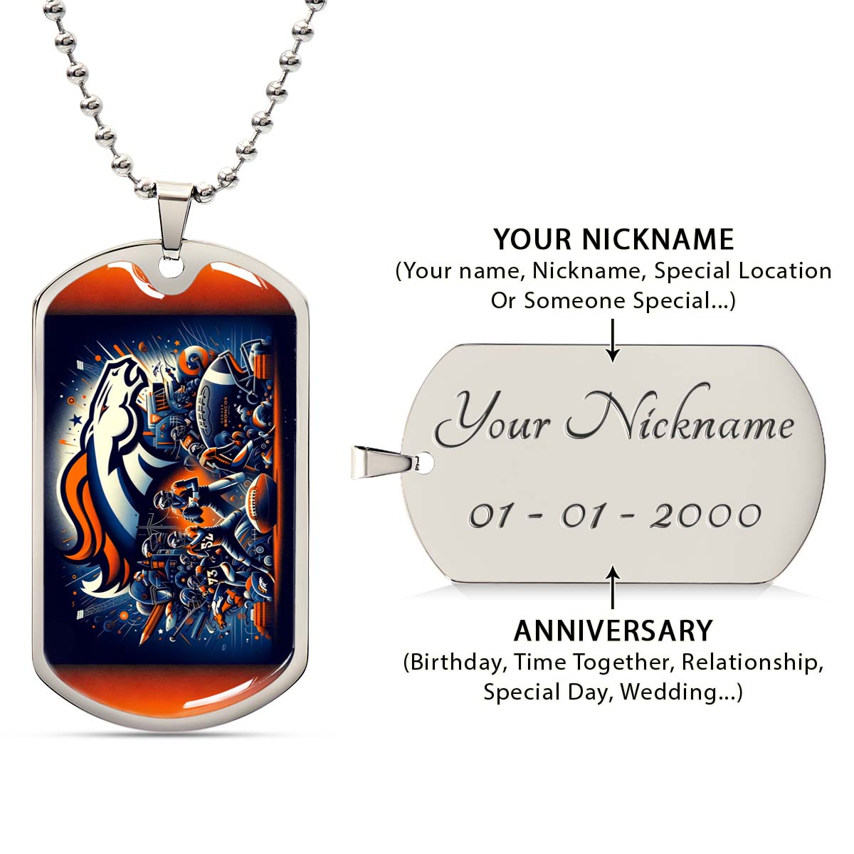 American Football Dog Tag Necklace - AFD010 - Denver Broncos NFL Super Bowl - Military Ball Chain