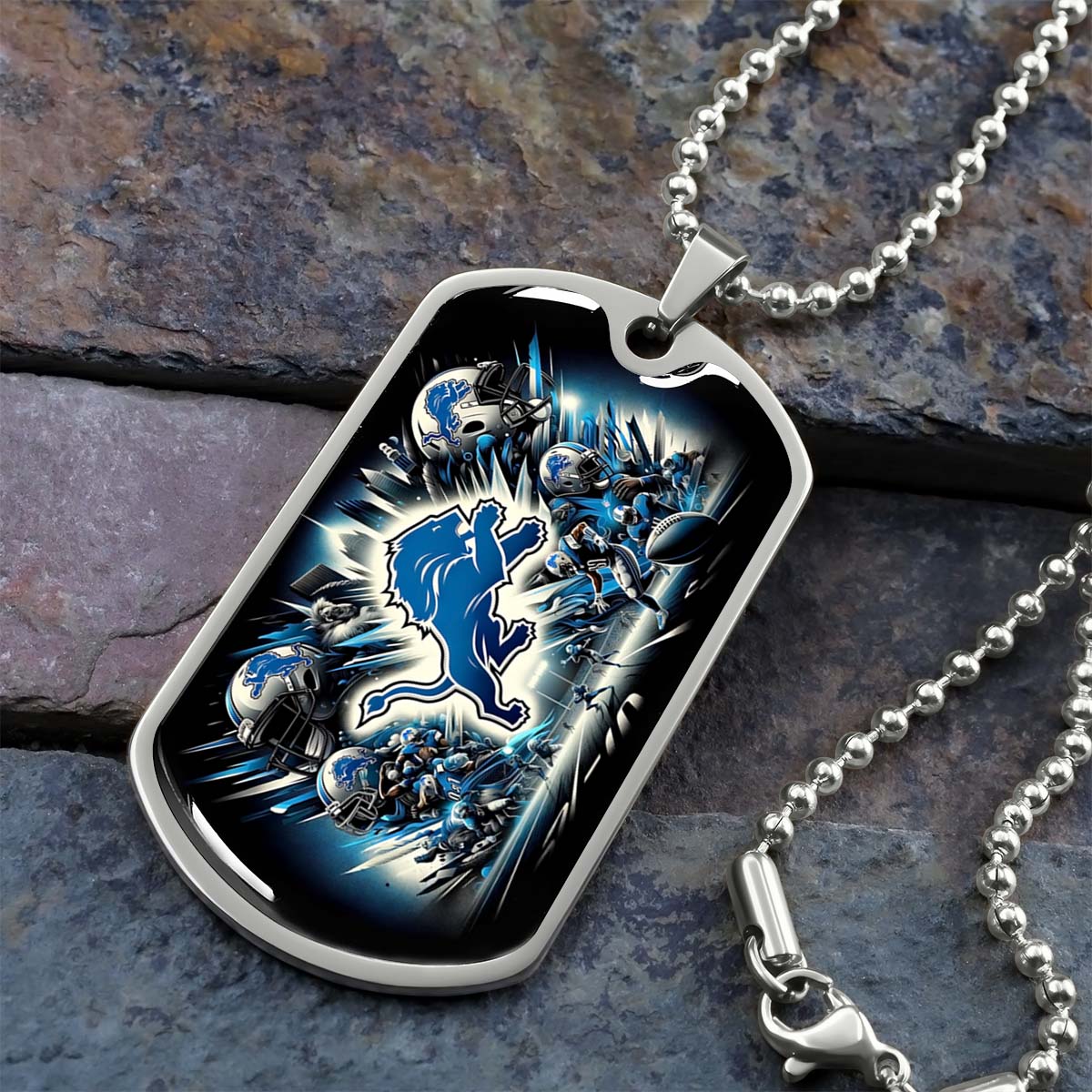 American Football Dog Tag Necklace - AFD016 - Detroit Lions NFL Super Bowl - Military Ball Chain