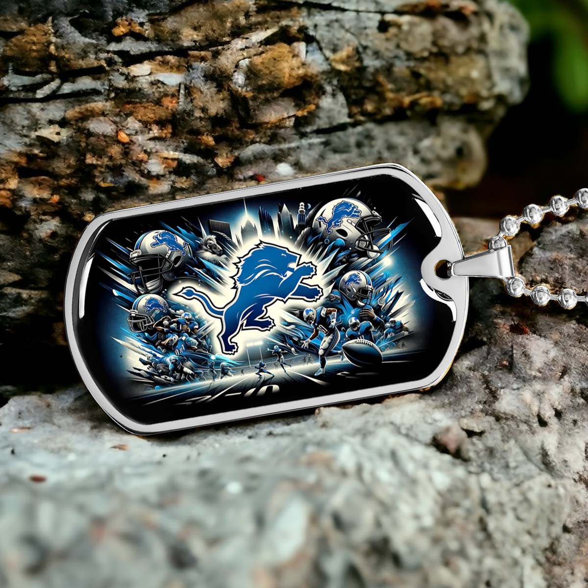 American Football Dog Tag Necklace - AFD016 - Detroit Lions NFL Super Bowl - Military Ball Chain
