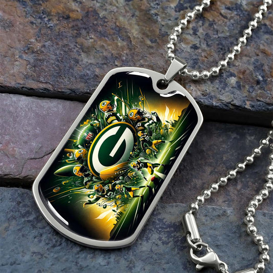 American Football Dog Tag Necklace - AFD021 - Green Bay Packers Football NFL Super Bowl - Military Ball Chain