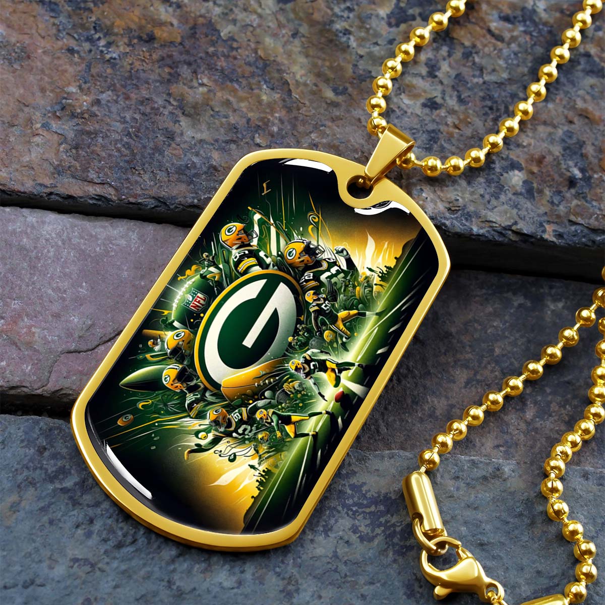 American Football Dog Tag Necklace - AFD021 - Green Bay Packers Football NFL Super Bowl - Military Ball Chain