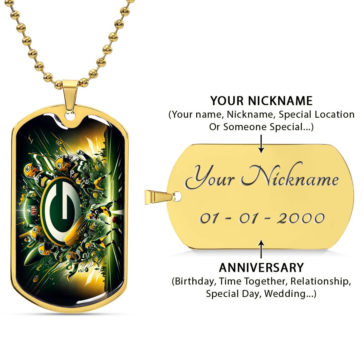 American Football Dog Tag Necklace - AFD021 - Green Bay Packers Football NFL Super Bowl - Military Ball Chain