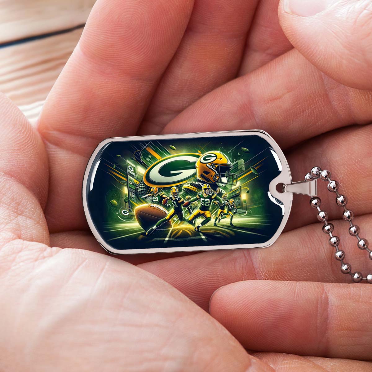 American Football Dog Tag Necklace - AFD023 - Green Bay Packers NFL Super Bowl Spirit - Military Ball Chain