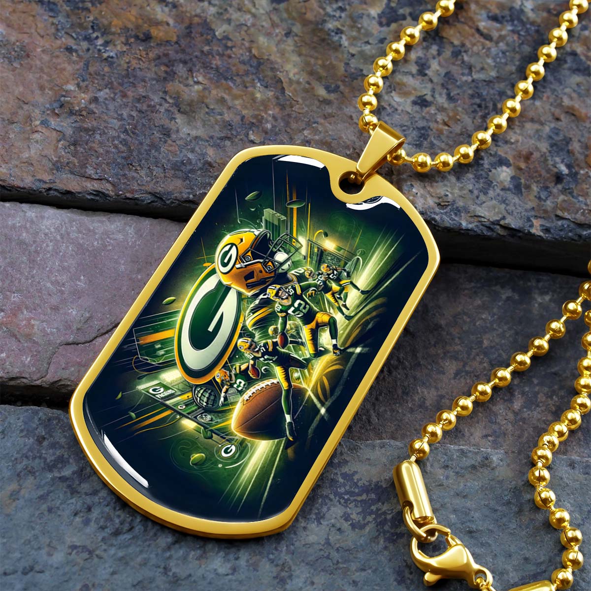 American Football Dog Tag Necklace - AFD023 - Green Bay Packers NFL Super Bowl Spirit - Military Ball Chain