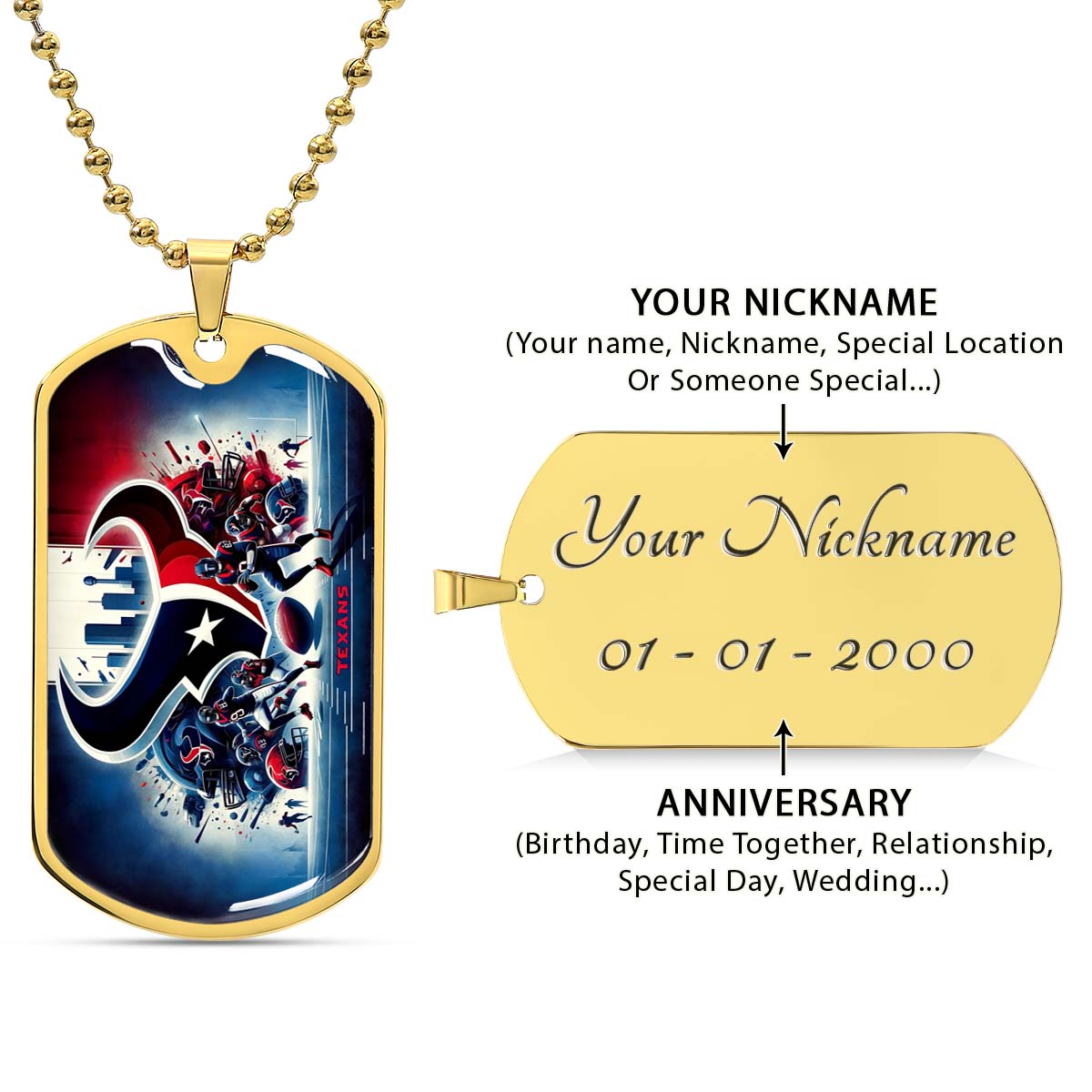 American Football Dog Tag Necklace - AFD025 - Houston Texans NFL Super Bowl Spirit - Military Ball Chain
