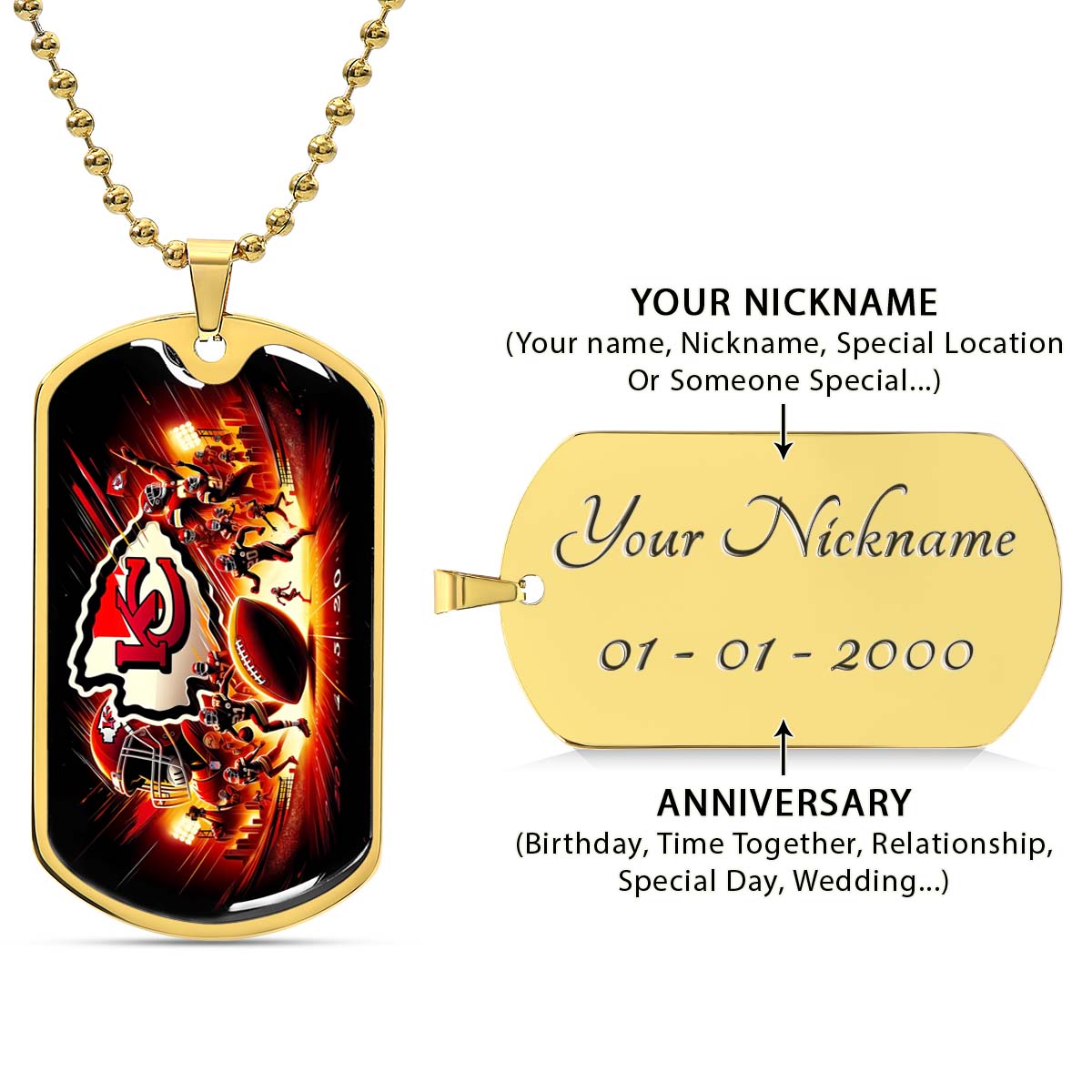 American Football Dog Tag Necklace - AFD026 - Kansas City Chiefs Super Bowl - NFL Teams - Military Ball Chain