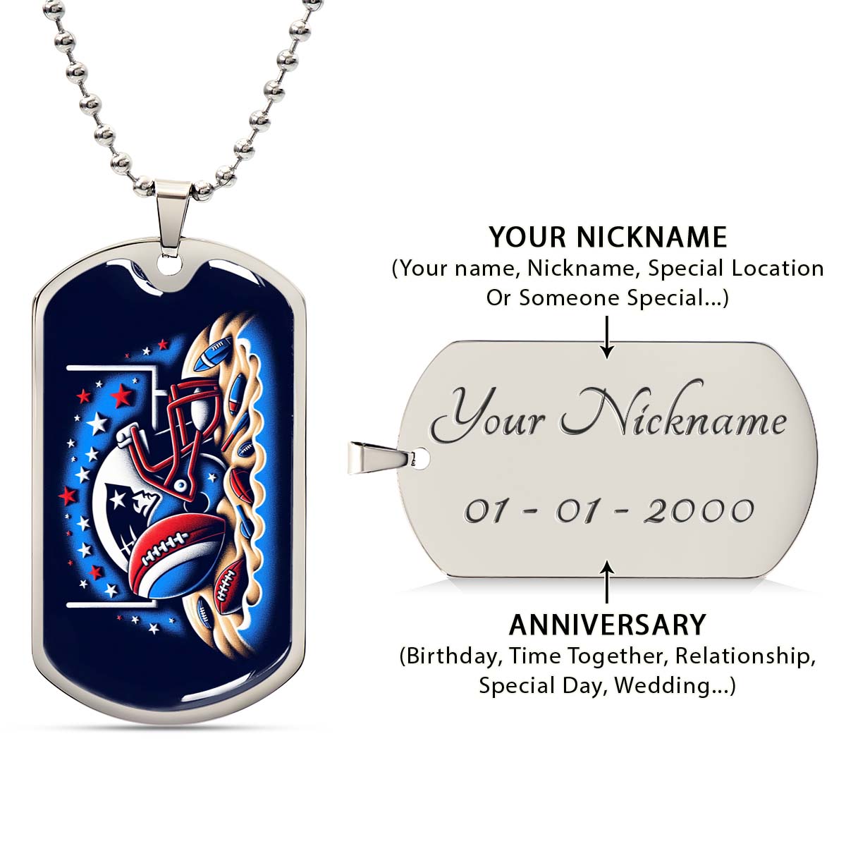 American Football Dog Tag Necklace - AFD027 - New England Patriots - Ultimate Football Pride - NFL Teams - Military Ball Chain