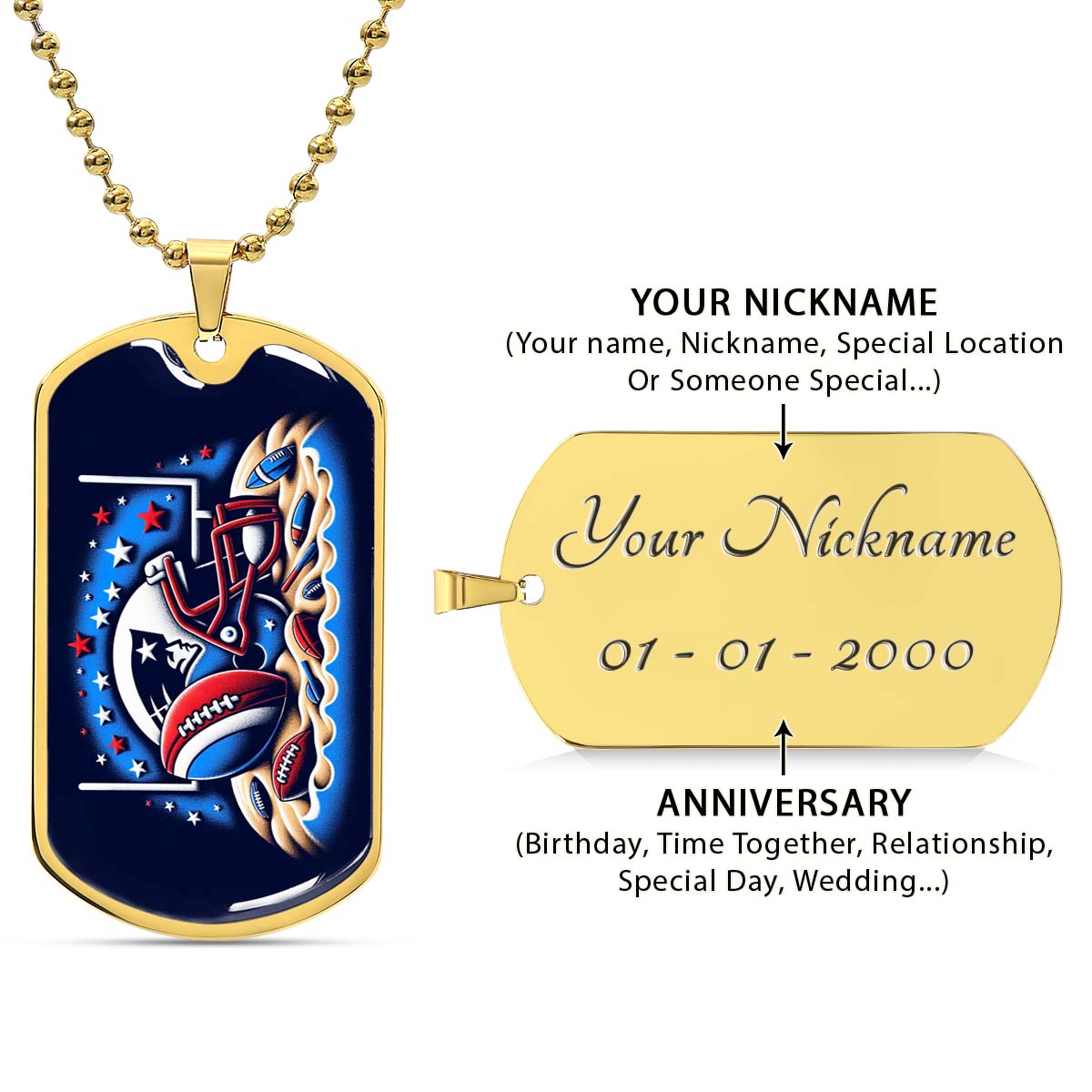 American Football Dog Tag Necklace - AFD027 - New England Patriots - Ultimate Football Pride - NFL Teams - Military Ball Chain